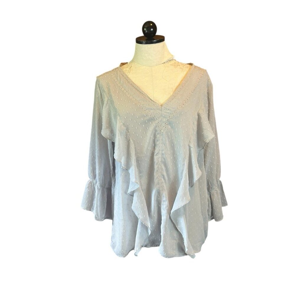 ENTRO Gray Sheer Blouse Eyelet V-Neck Thin Boho Fairy Blouse Sz L Embroidered